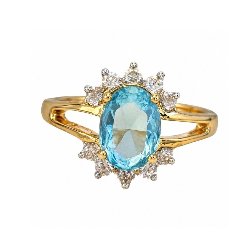 Vintage 1970s Cocktail Ring Size 6 Blue CZ 14KT Gold Plated - 14X